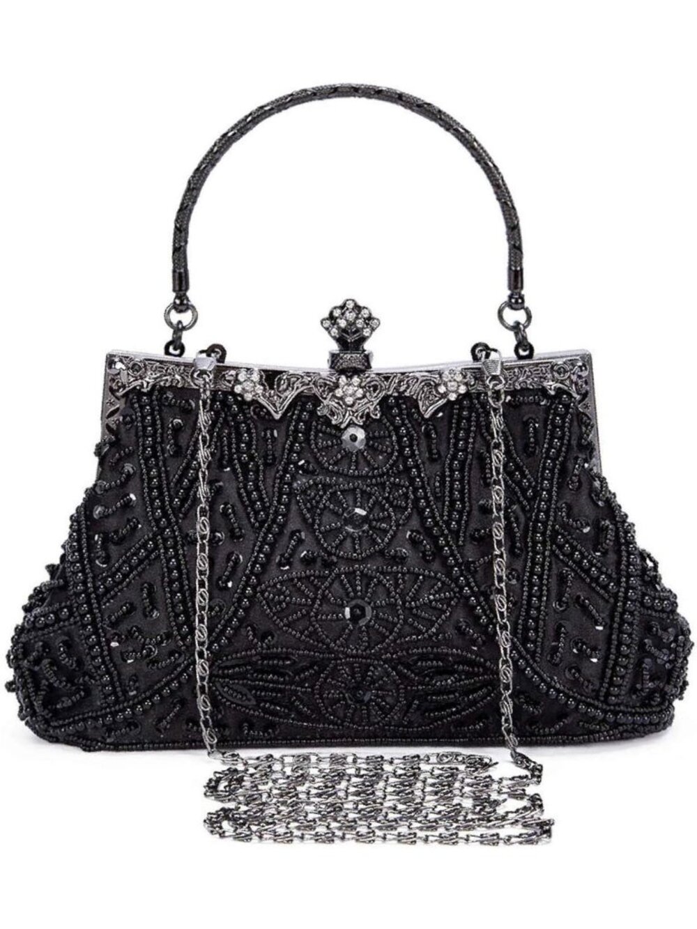 Women's Black Beaded Vintage Rhinestone Bridal Clutch Formal Purse Evening Bag
